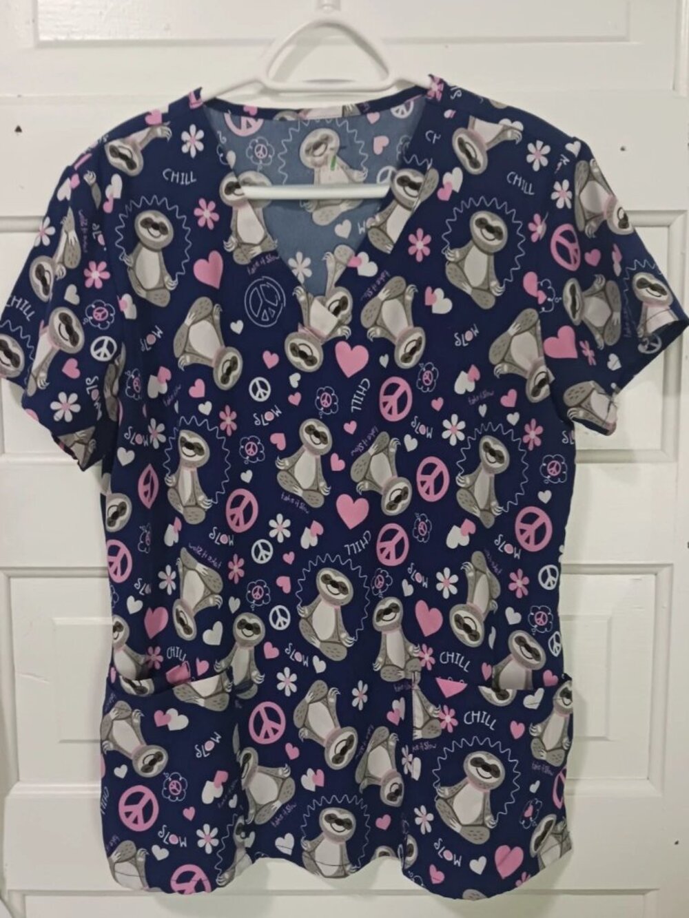 Womans Large Peace Sloth Blue V-Neck Scrub Top by GT Performance